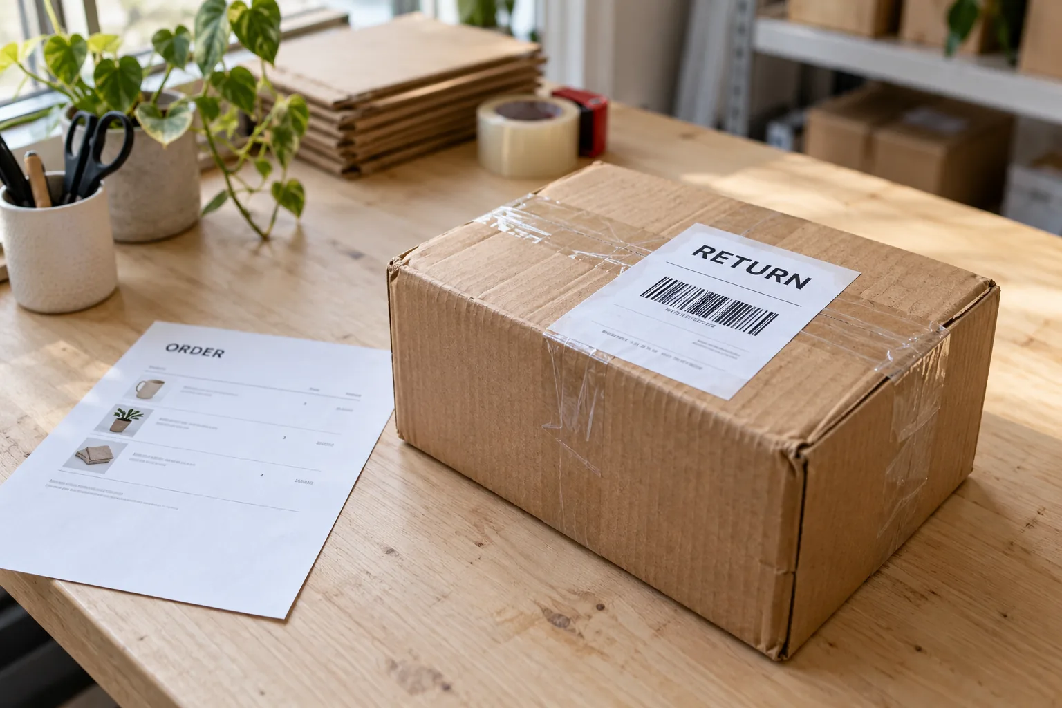 A return parcel on a packing table with the return label on top and the original order slip beside it