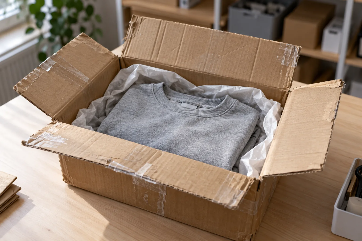 A returned parcel opened on a receiving desk: the box re-taped, the item folded back into its packaging