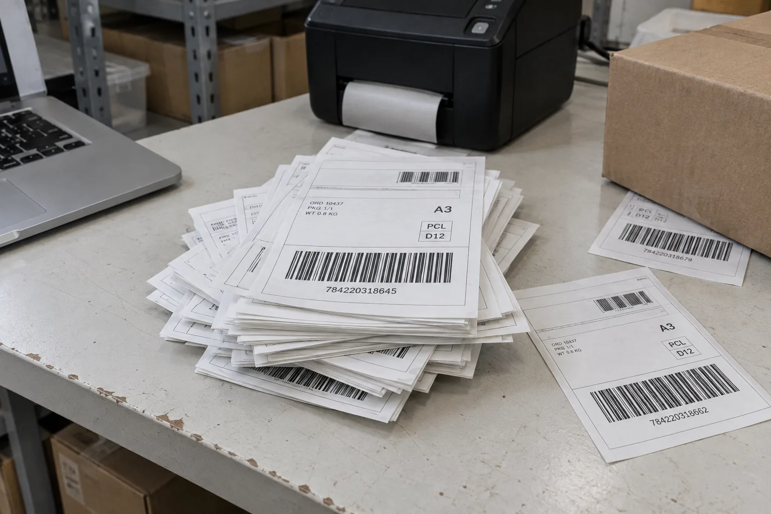 A stack of printed shipping labels on a packing table