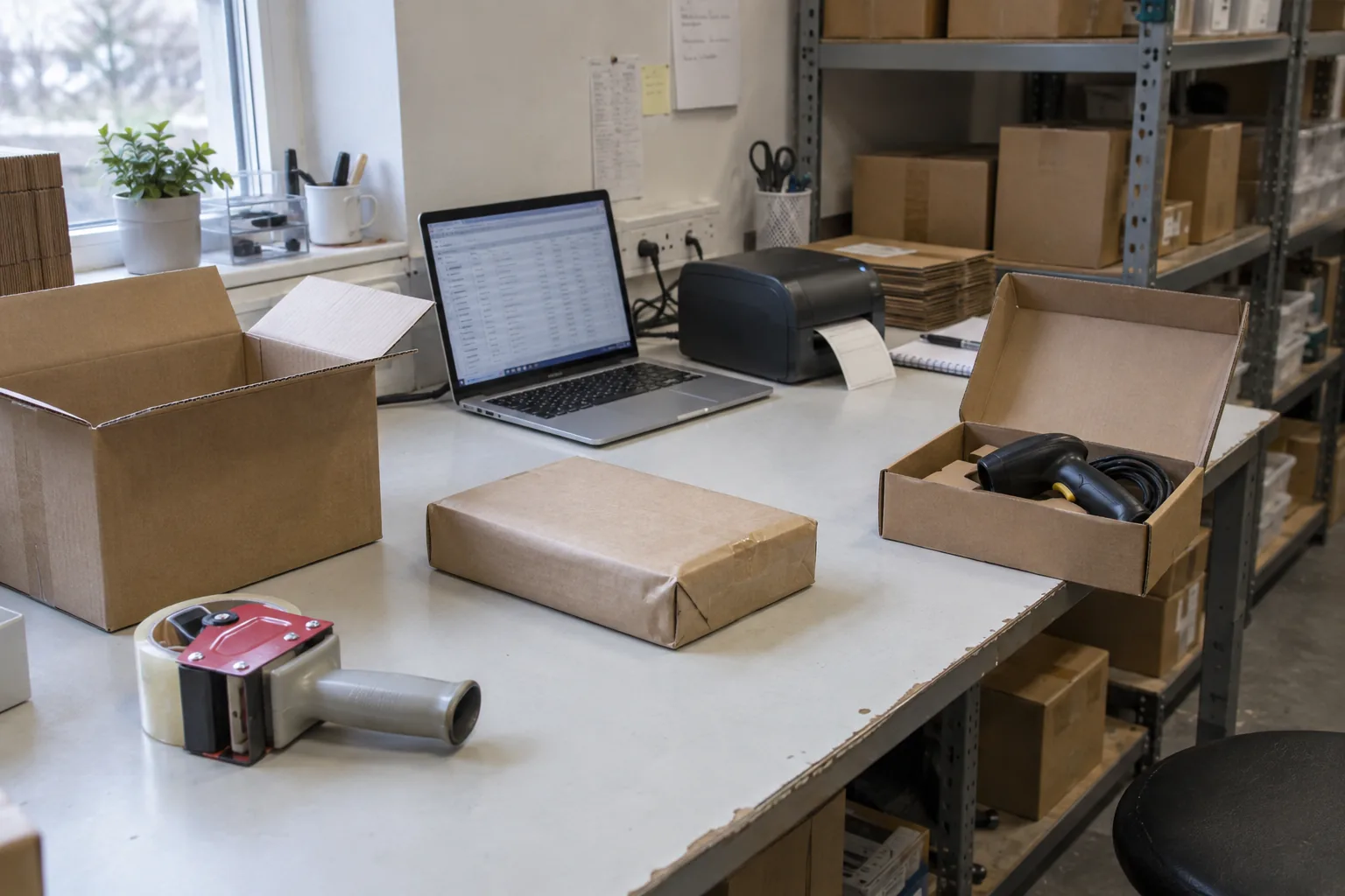 A packing table with a laptop, a label printer and a barcode scanner