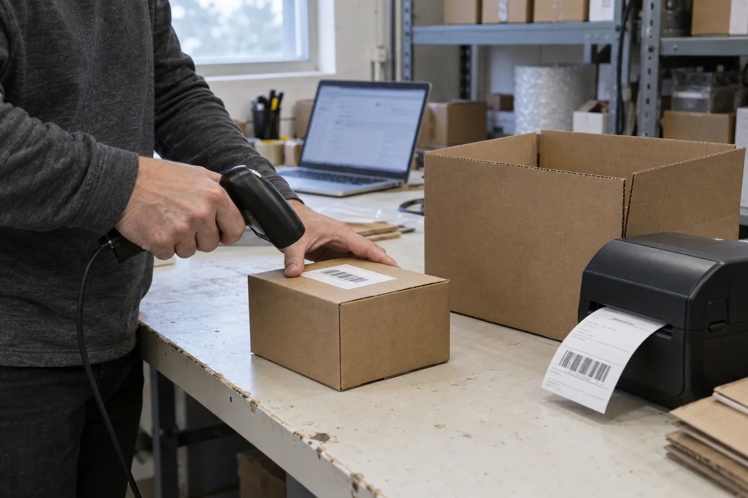 A packer scanning an item at a packing table, with a label printing beside them