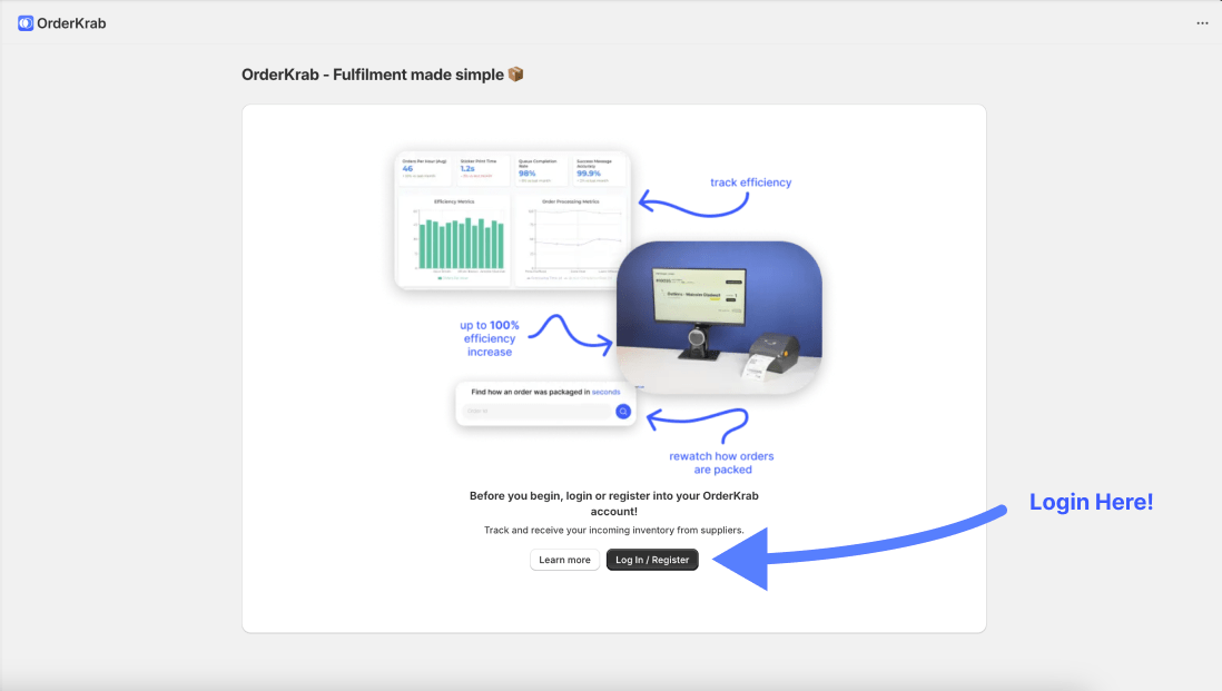 Prisijungimas prie OrderKrab programėlės Shopify