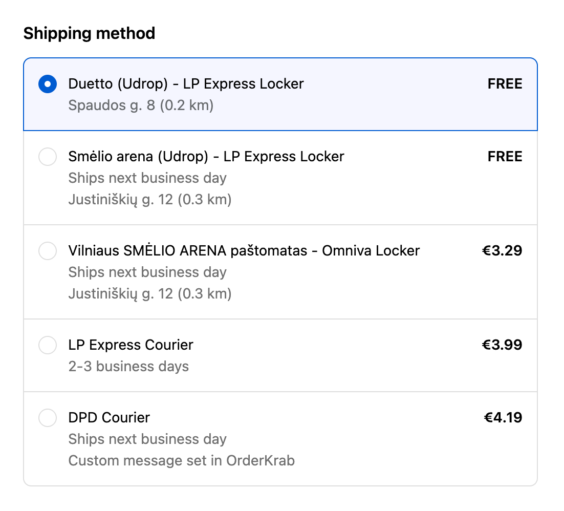 Shopify ostu vormistamine, saatmisvalikud