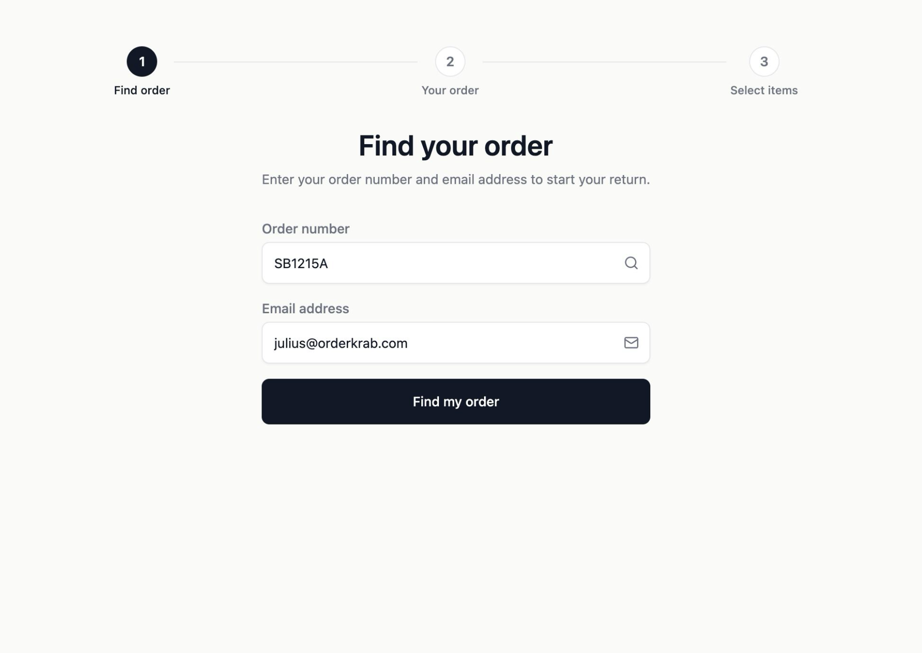 The OrderKrab return portal asking the customer for an order number and an email address to start a return.
