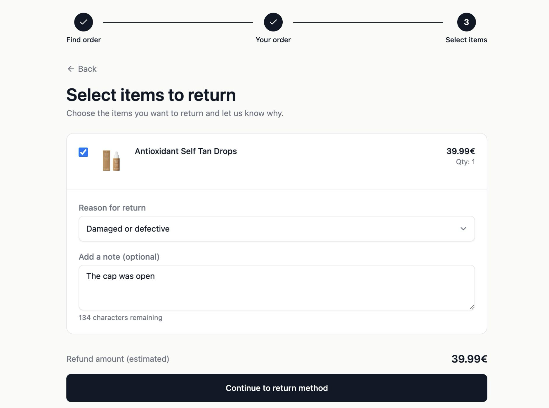 The return portal's item selection step with one item selected, a return reason chosen and an estimated refund total.